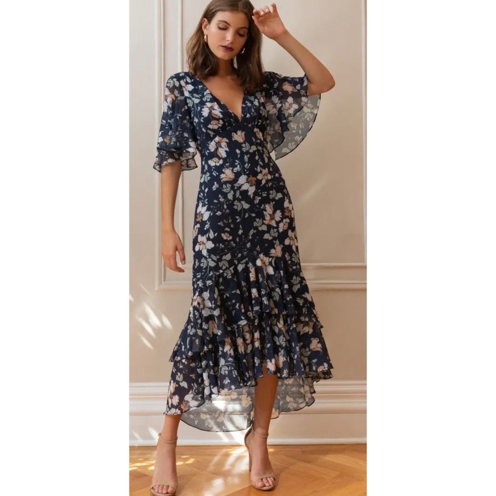Jenny Yoo | Sonia V-neck Dress Sz 0 Navy Floral Crepe Chiffon Open Back Midi
